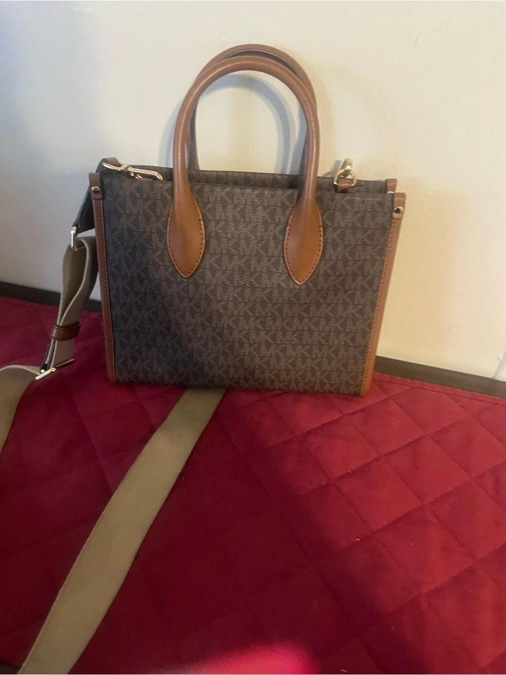 Michael Kors Brown Logo Crossbody with Tan Trim and Beige Strap